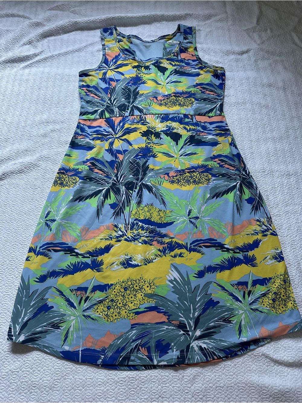 Columbia Sleeveless Tropical Palm Print Dress in Blue, Yellow, Green, Coral